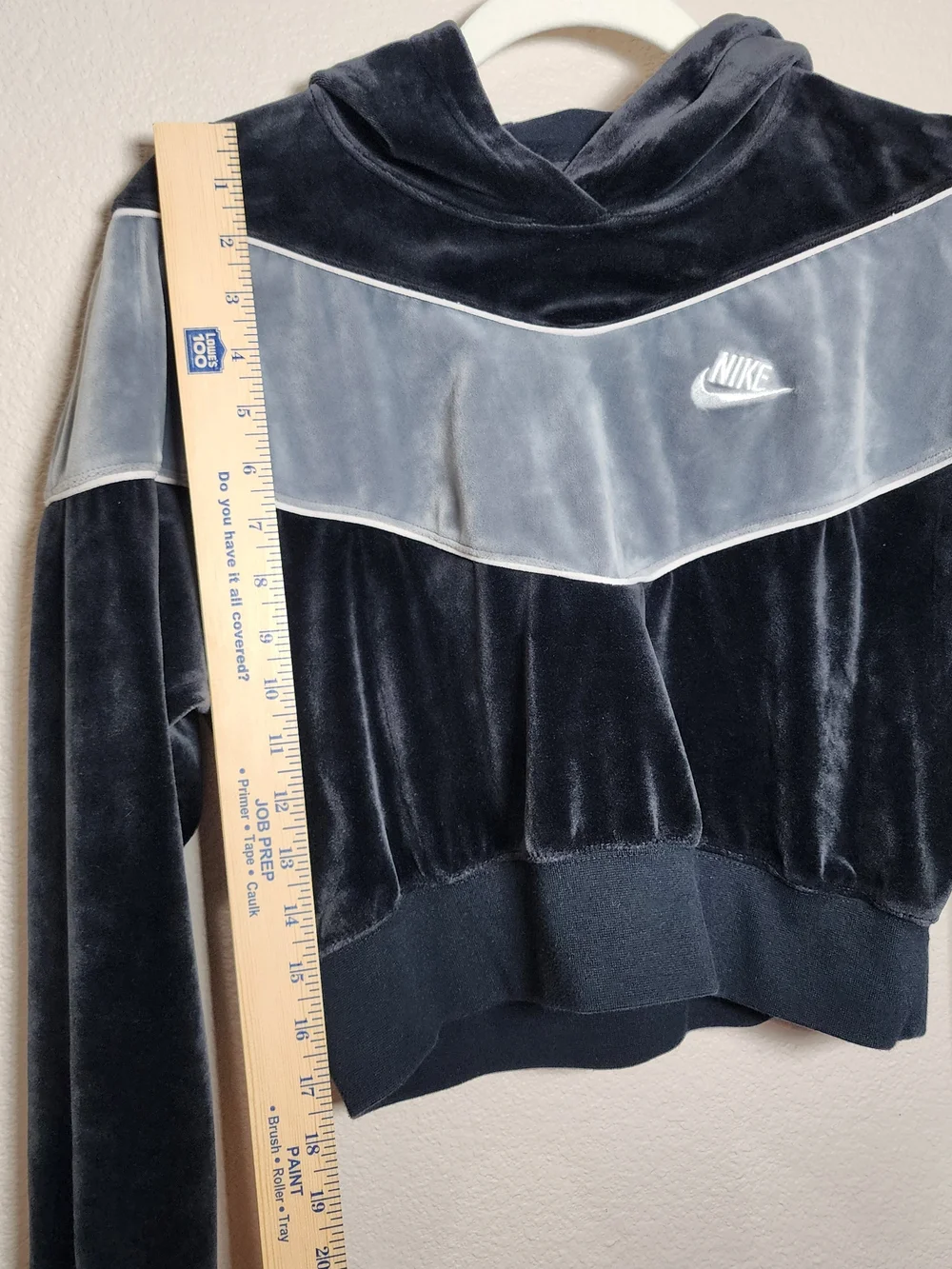 Nike Women's Black and Gray Velour Crop Hoodie Sweater